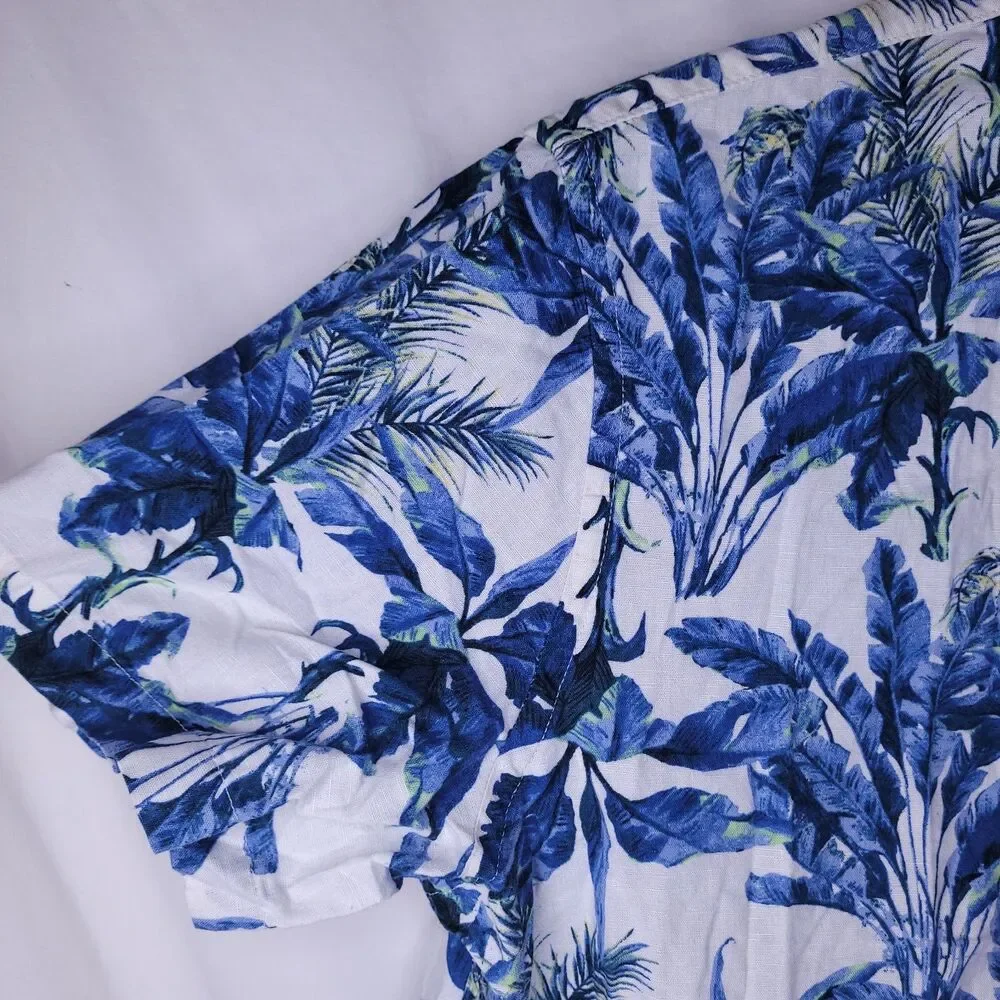 Banana Republic Linen Shirt Mens XL Floral Palm Blue, White Slim Fit